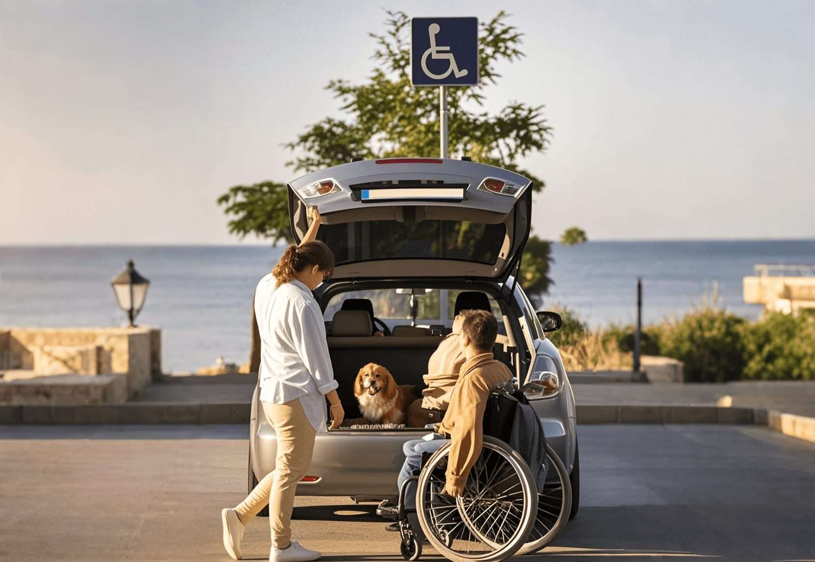 Family with wheelchair and dog by car at Staten Island car dealerships