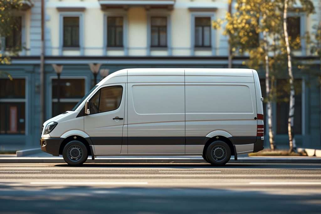 White van parked in front of building at Staten Island car dealerships.