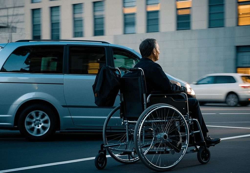 Wheelchair user crossing street near Staten Island car dealerships