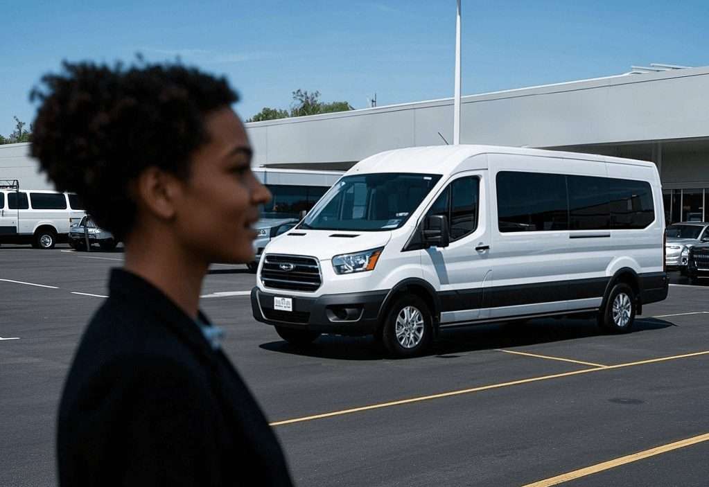 Staten Island car dealerships with a white van parked, ideal auto sales Staten Island.