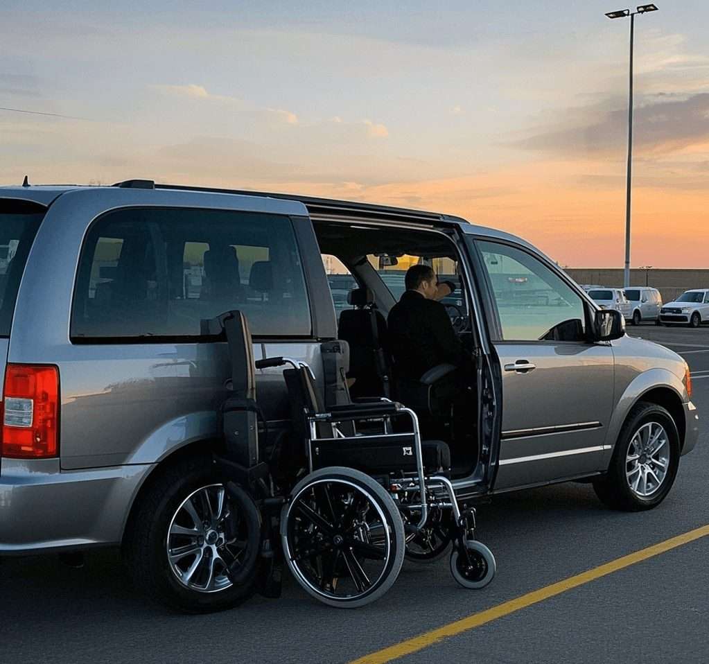 Silver van with open sliding door and wheelchair, ideal for Staten Island car dealerships.
