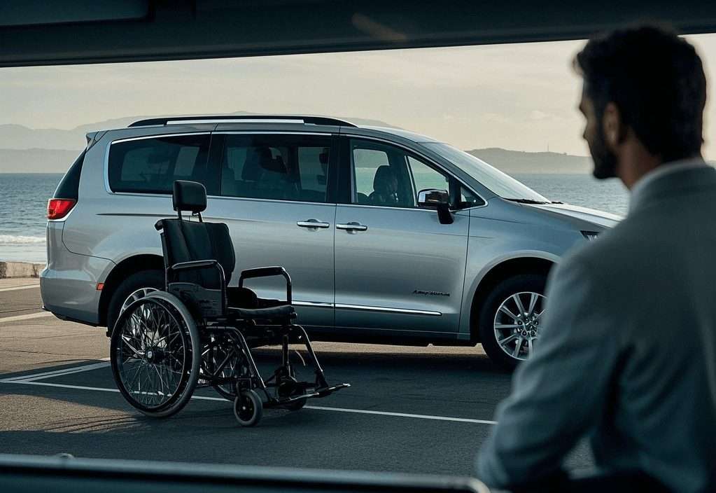 Silver minivan by the ocean with a wheelchair, ideal for Staten Island car dealerships