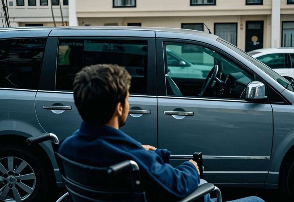 Man in wheelchair looking at car near Ideal Auto Sales Staten Island dealership.