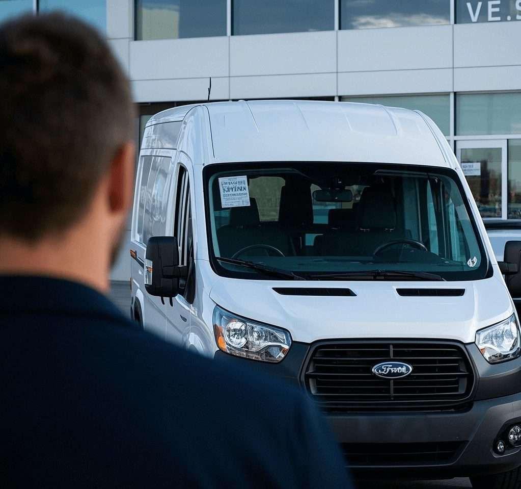Man viewing a white van at Staten Island car dealerships.