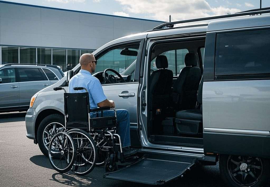 Man in wheelchair near accessible van at Staten Island car dealerships