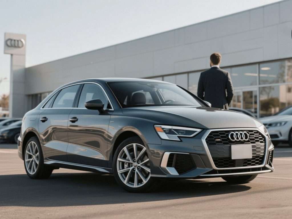 Audi sedan parked at a Staten Island car dealership, Ideal Auto Sales.