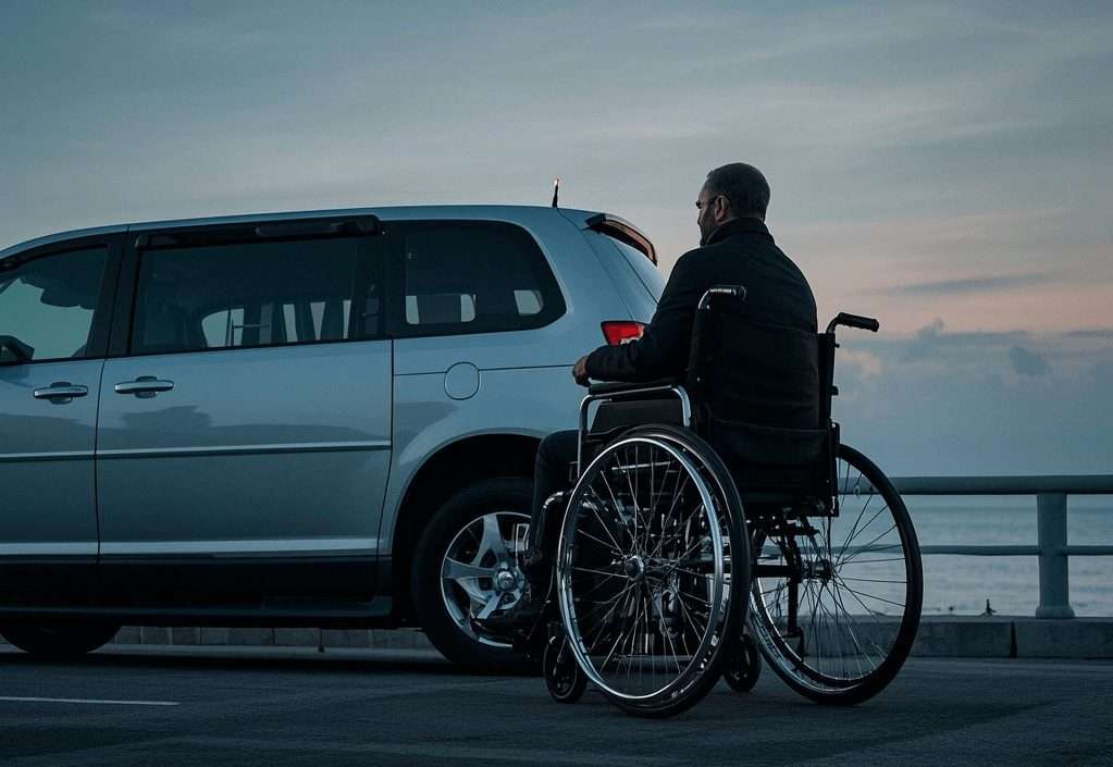 Person in wheelchair beside a car at Staten Island car dealerships, ideal auto sales Staten Island.