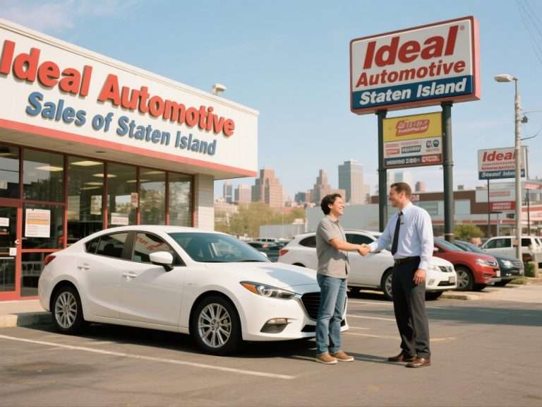 Customer and salesman shaking hands at Ideal Auto Sales Staten Island car dealership