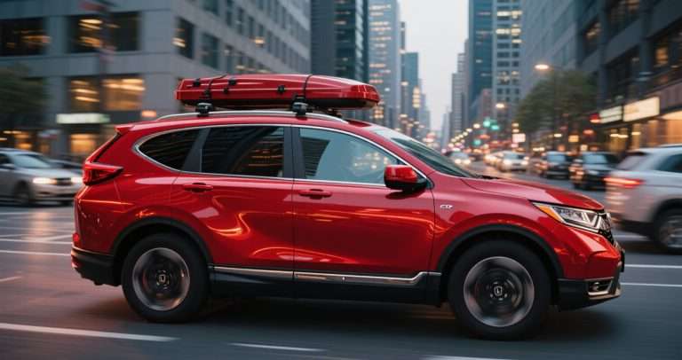 Red SUV driving on a city street from Staten Island car dealerships