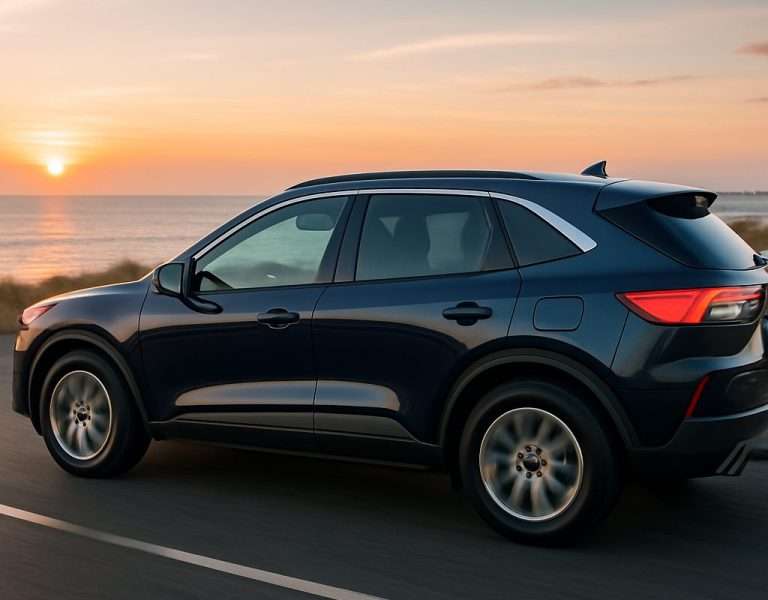 Sleek SUV driving at sunset, ideal for Staten Island car dealerships.