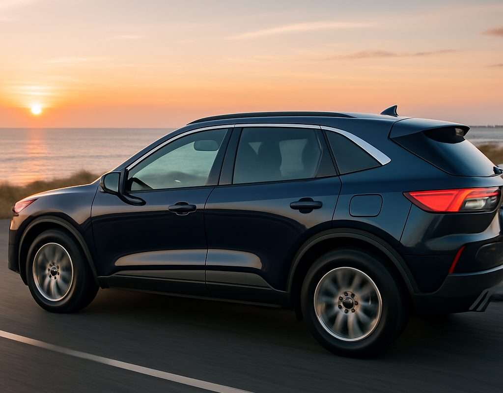 Sleek SUV driving at sunset, ideal for Staten Island car dealerships.