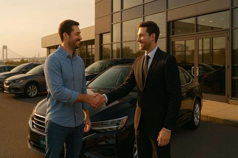 Customer shaking hands with dealer at Staten Island car dealership, Ideal Auto Sales Staten Island.