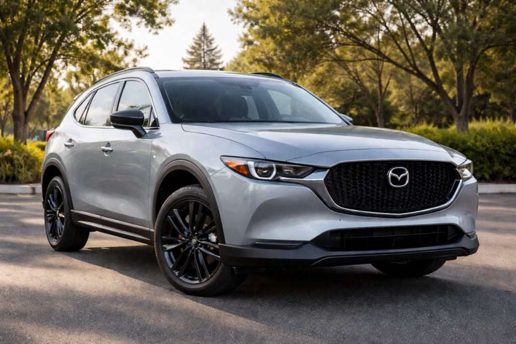 2025 Mazda CX-5 compact SUV parked outdoors showing front grille and LED headlights, popular SUV lease option in Staten Island